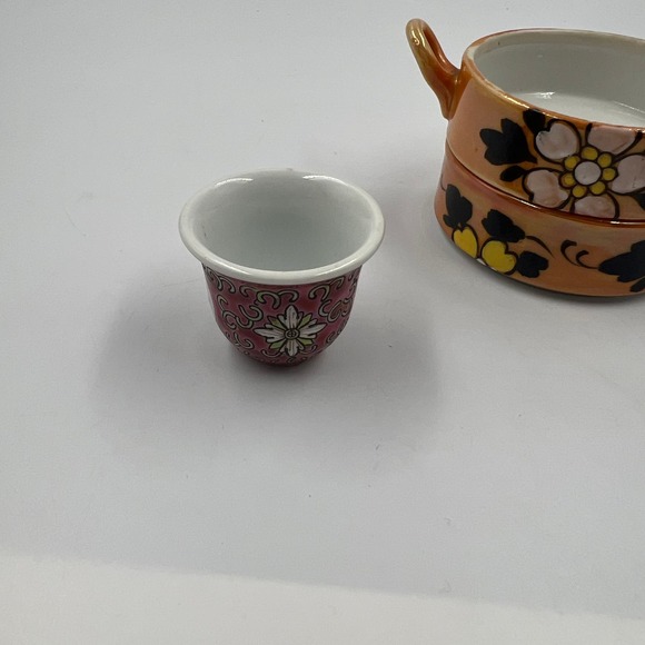 Vintage Ceramic Tea Set 3 Pieces Asian Pieces Hand Painted Look Stacking Pitcher - Picture 10 of 11